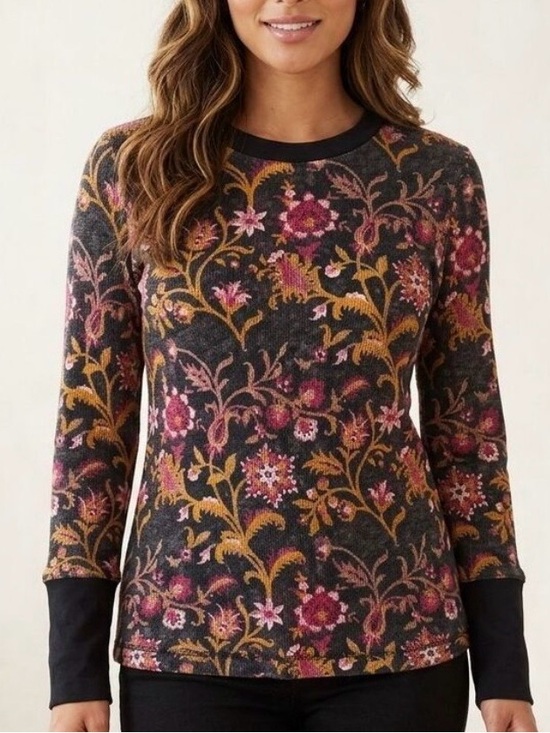 Sundance Tops - Sundance Meadow Crewneck Long Sleeve Thermal Floral Black/Gray Pink Floral- XL